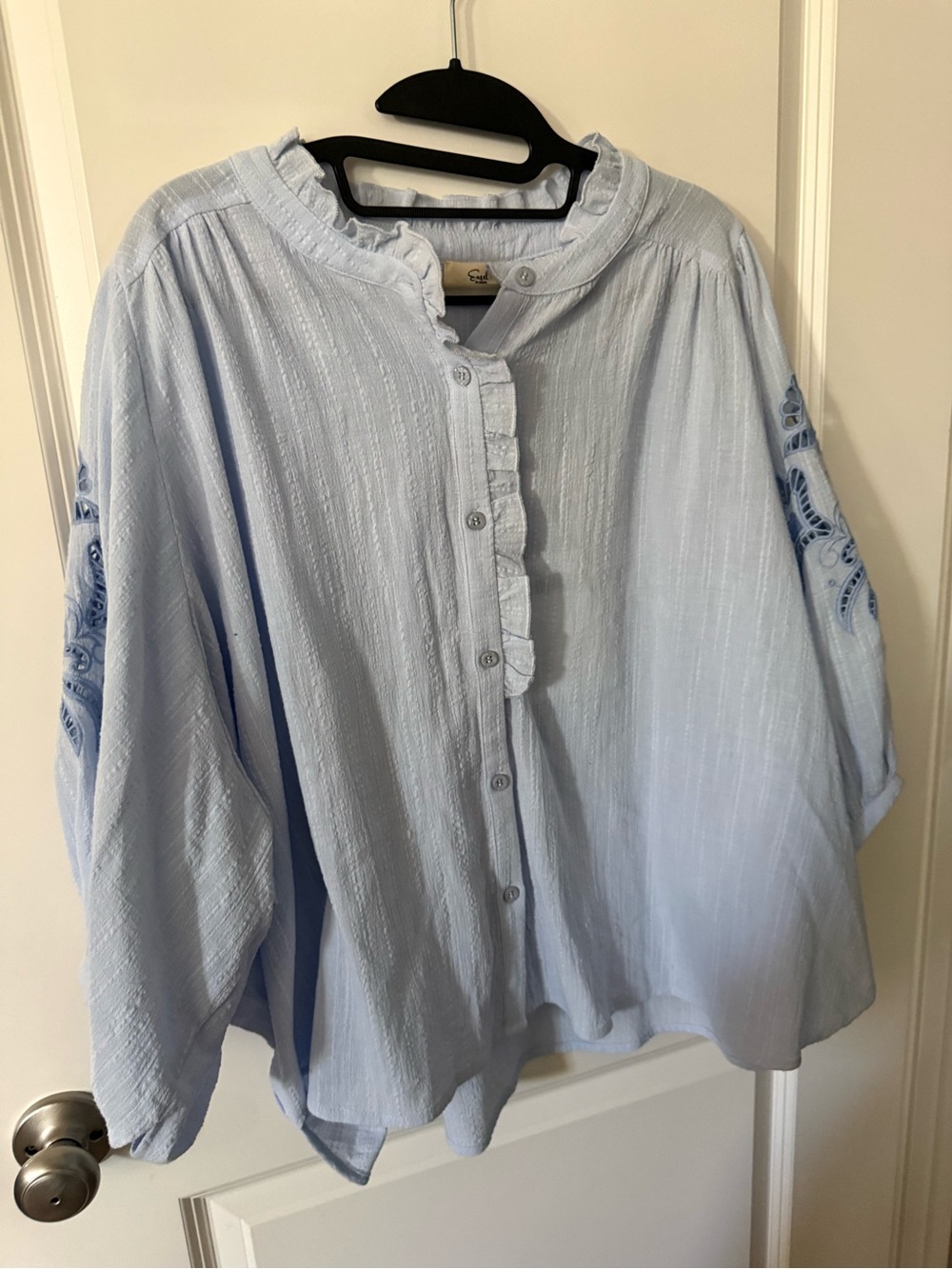 easel Pale Blue Ruffle-Neck Button Blouse